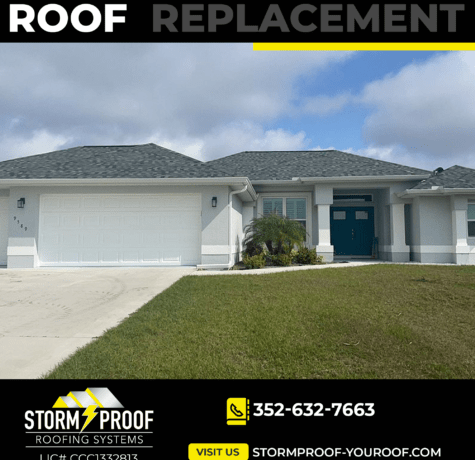 A roofer in a safety harness, installing new asphalt shingles on a residential roof in Inverness, FL. The roofer is on a ladder and has roofing tools and materials nearby.